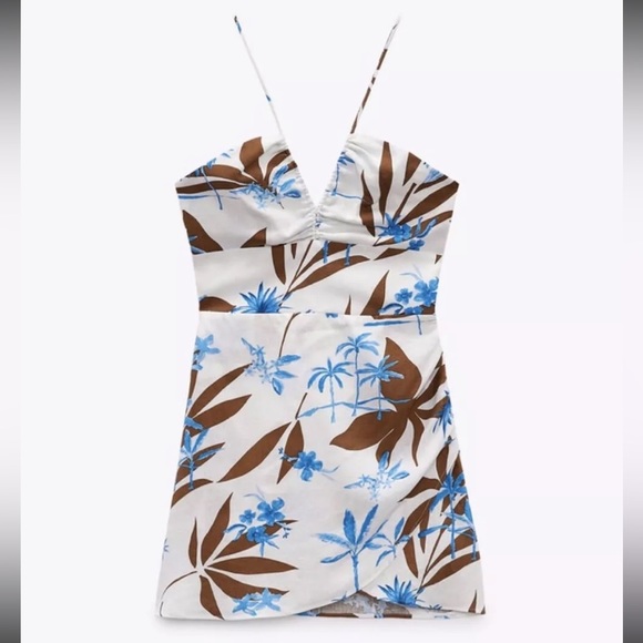 NWT Zara Tropical Print Mini Dress Linen Blend Sundress - Picture 5 of 13